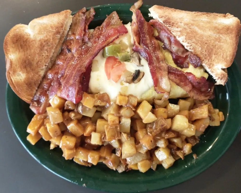 Vegetable Omelette Home Fries with Gravy and Bacon Bacon Bacon
